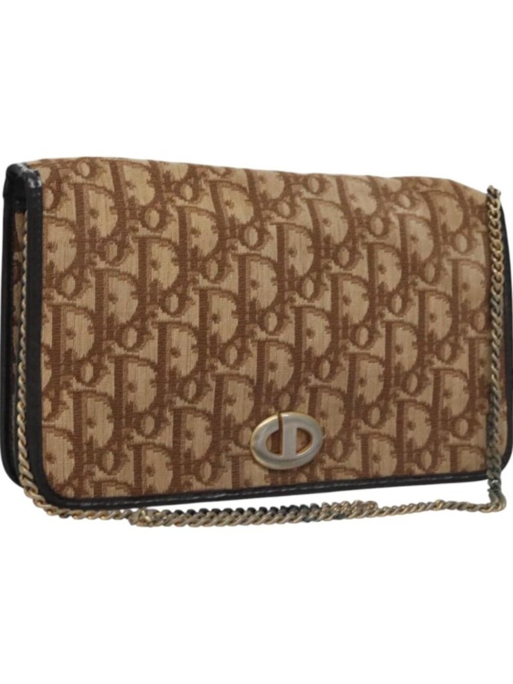 Christian Dior Trotter Canvas Chain Shoulder Bag Brown Gold